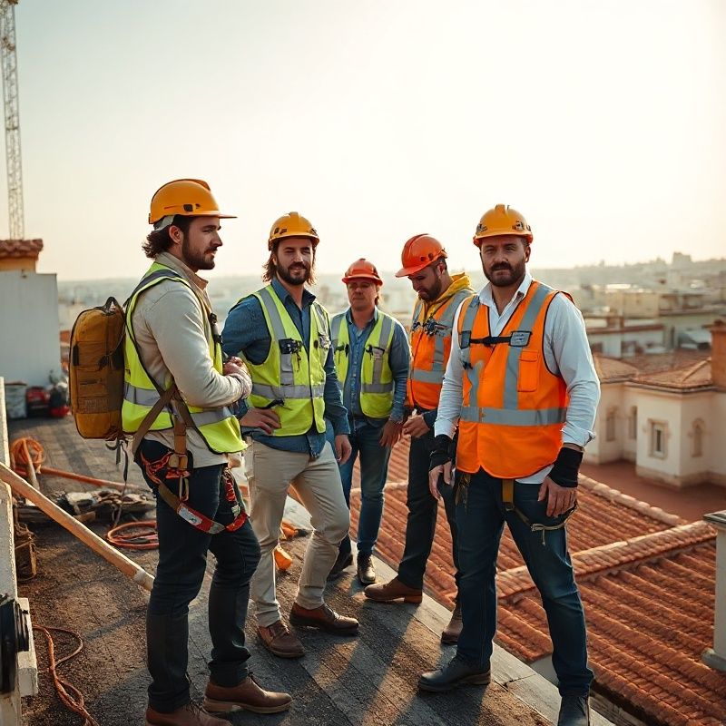 Equipo de profesionales de cubiertas de Stoneapulse en un tejado en Sevilla